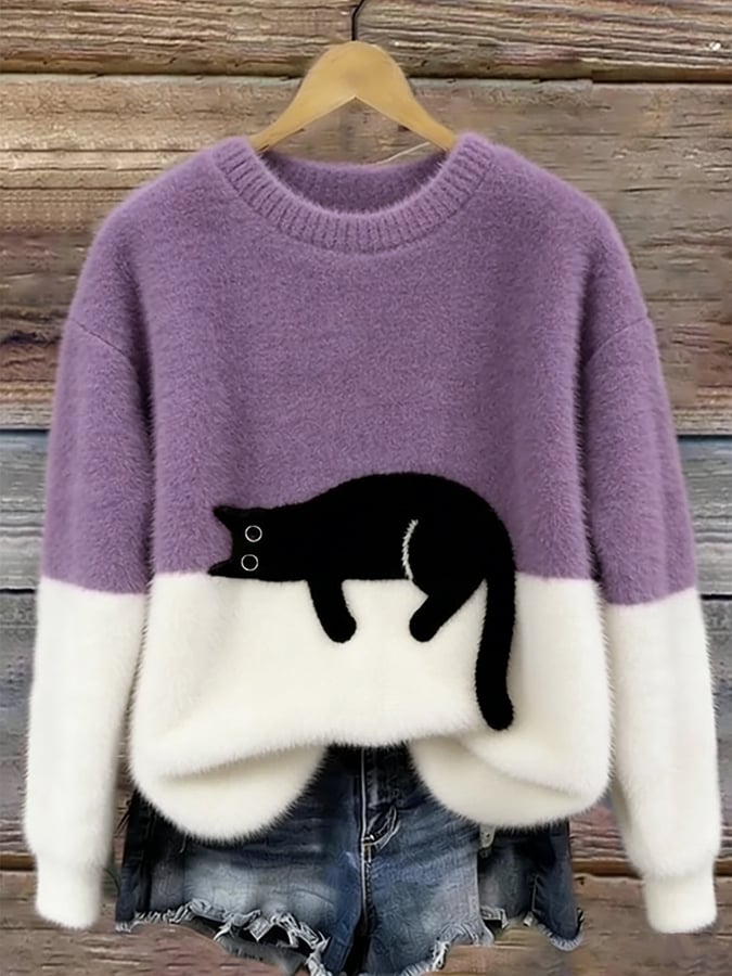 Jersey Suave Bicolor con Gato – Punto Cálido y Estilo Cute Chic
