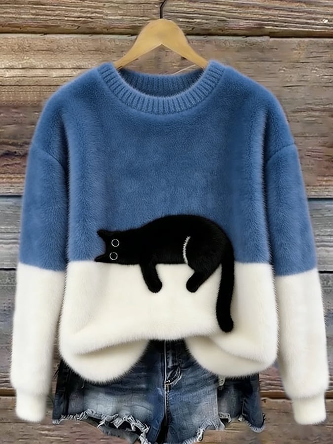 Jersey Suave Bicolor con Gato – Punto Cálido y Estilo Cute Chic