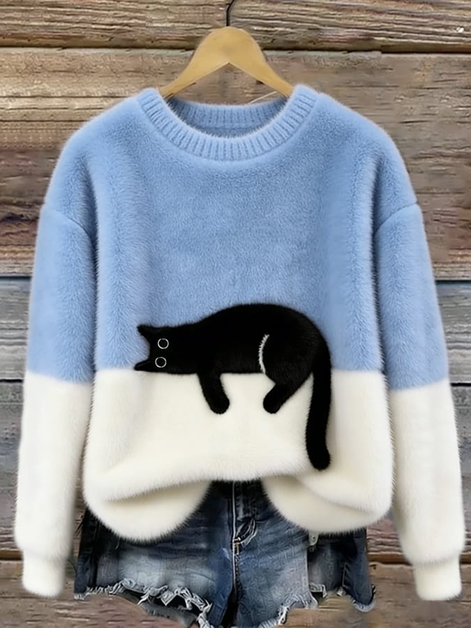 Jersey Suave Bicolor con Gato – Punto Cálido y Estilo Cute Chic