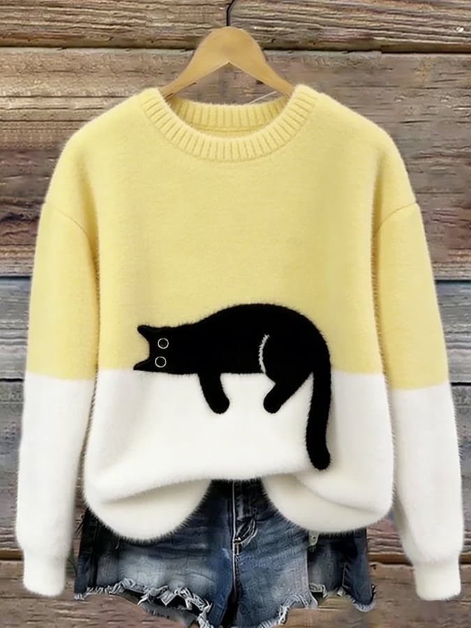 Jersey Suave Bicolor con Gato – Punto Cálido y Estilo Cute Chic