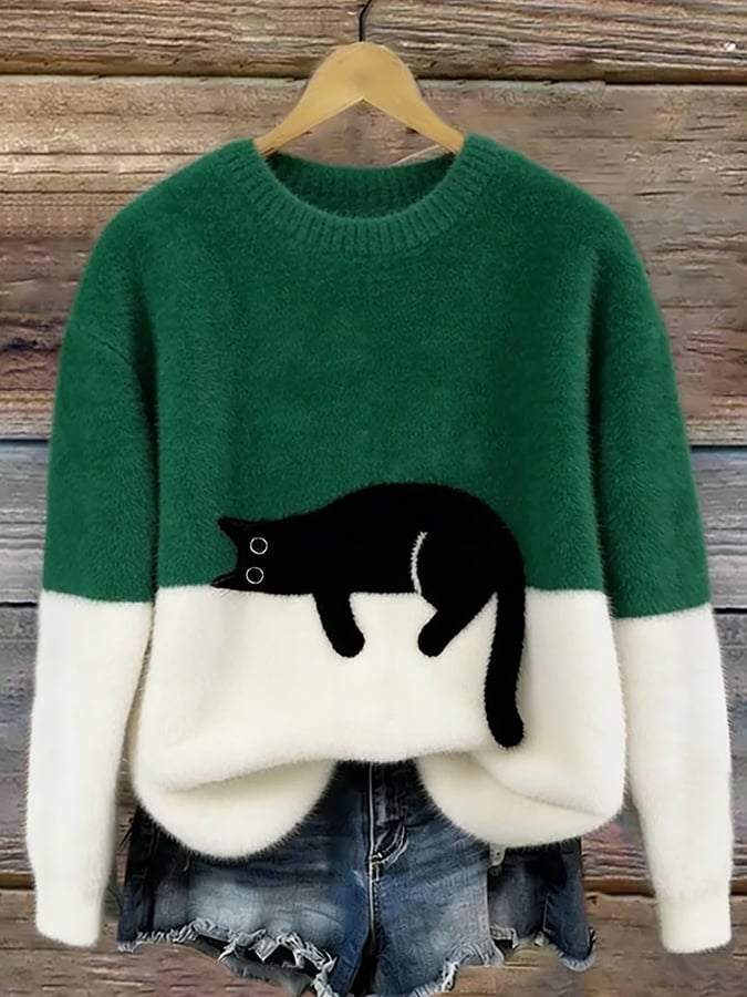 Jersey Suave Bicolor con Gato – Punto Cálido y Estilo Cute Chic