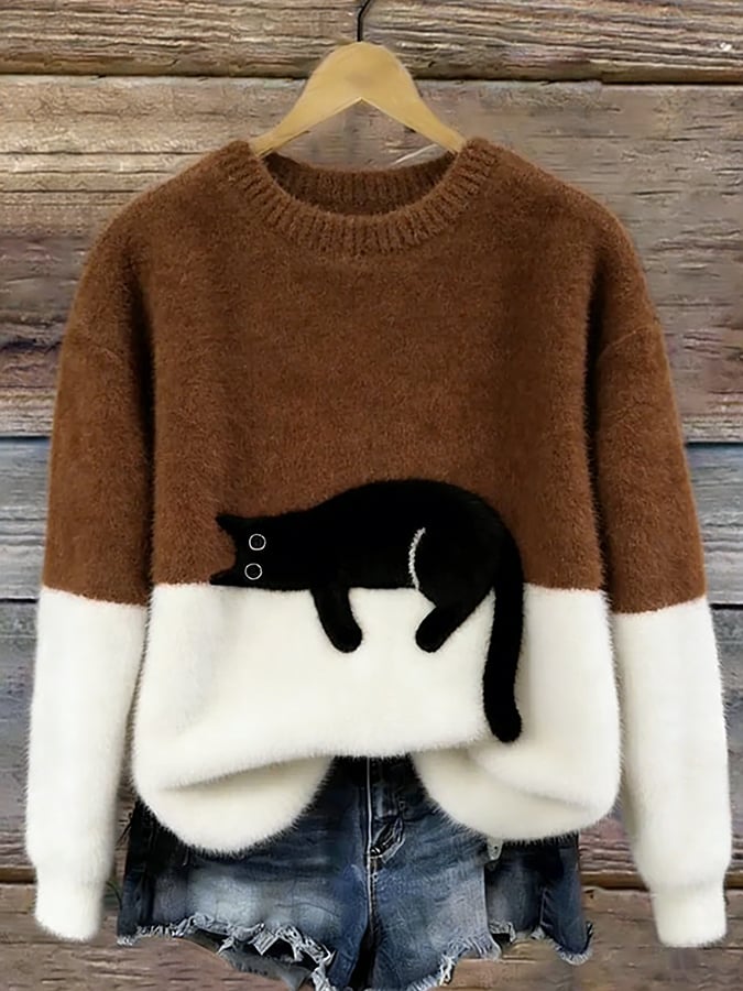Jersey Suave Bicolor con Gato – Punto Cálido y Estilo Cute Chic