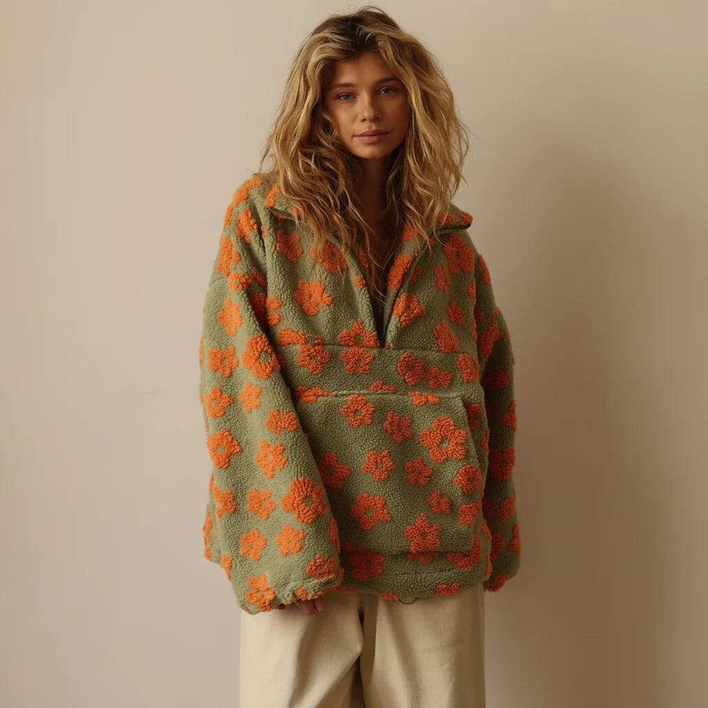 Sudadera Sherpa Floral con Cremallera – Calidez Suave y Estilo Casual