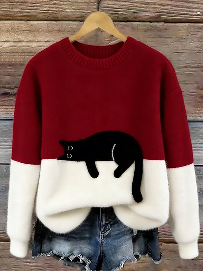 Jersey Suave Bicolor con Gato – Punto Cálido y Estilo Cute Chic