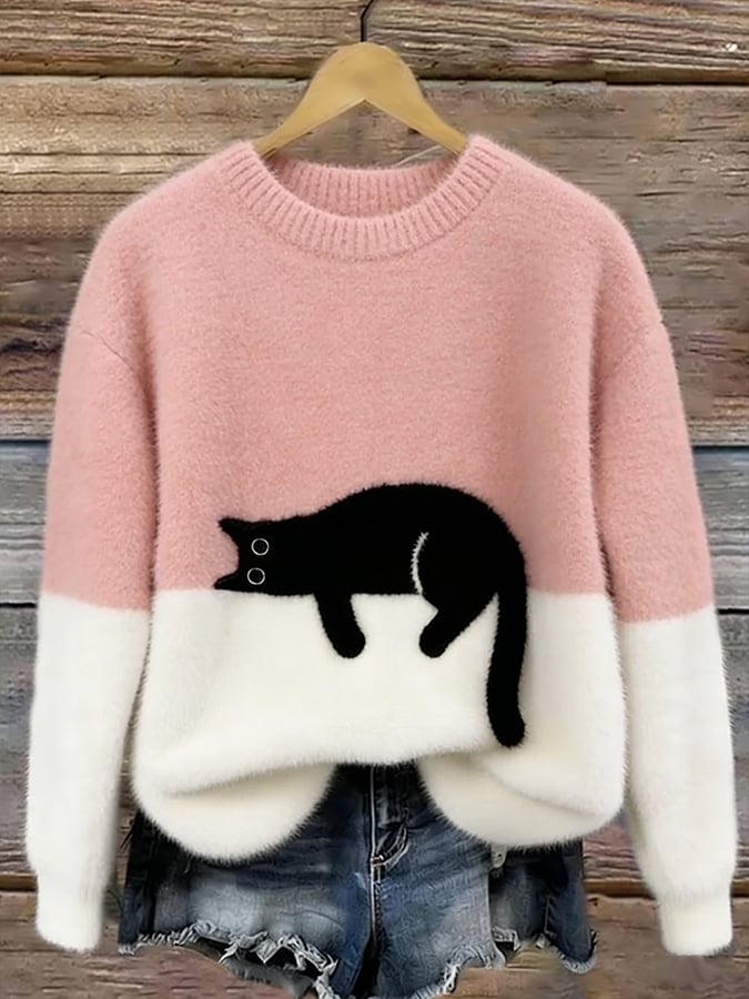 Jersey Suave Bicolor con Gato – Punto Cálido y Estilo Cute Chic
