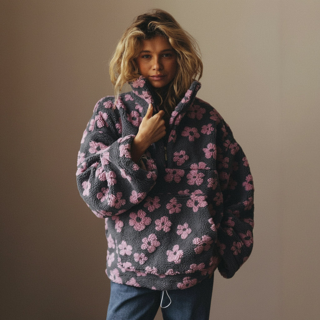 Sudadera Sherpa Floral con Cremallera – Calidez Suave y Estilo Casual