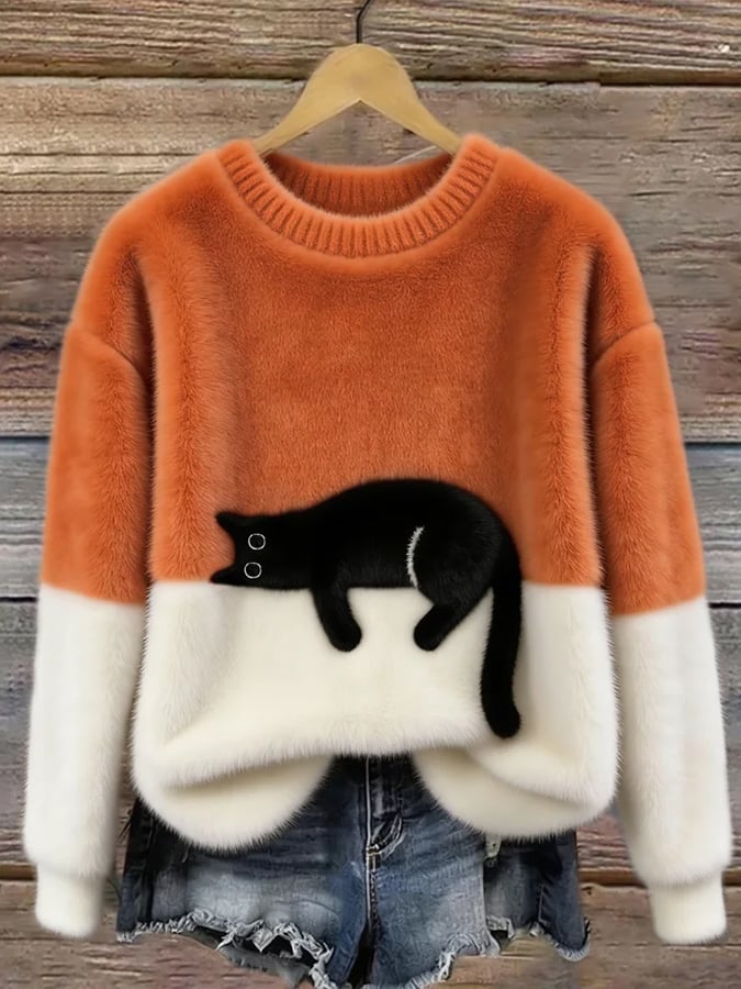 Jersey Suave Bicolor con Gato – Punto Cálido y Estilo Cute Chic